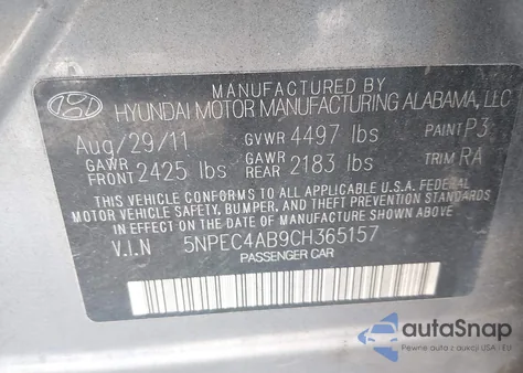 2012 Hyundai Sonata Se 2.0T from USA, damaged, VIN 5NPEC4AB9CH365157